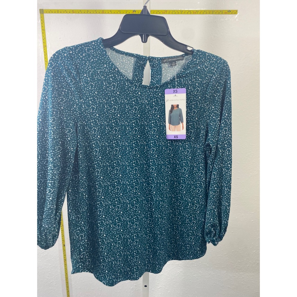 Adrianna‎ Papell Teal Green Micro Dot Print Long Sleeve Keyhole Blouse XS NEW